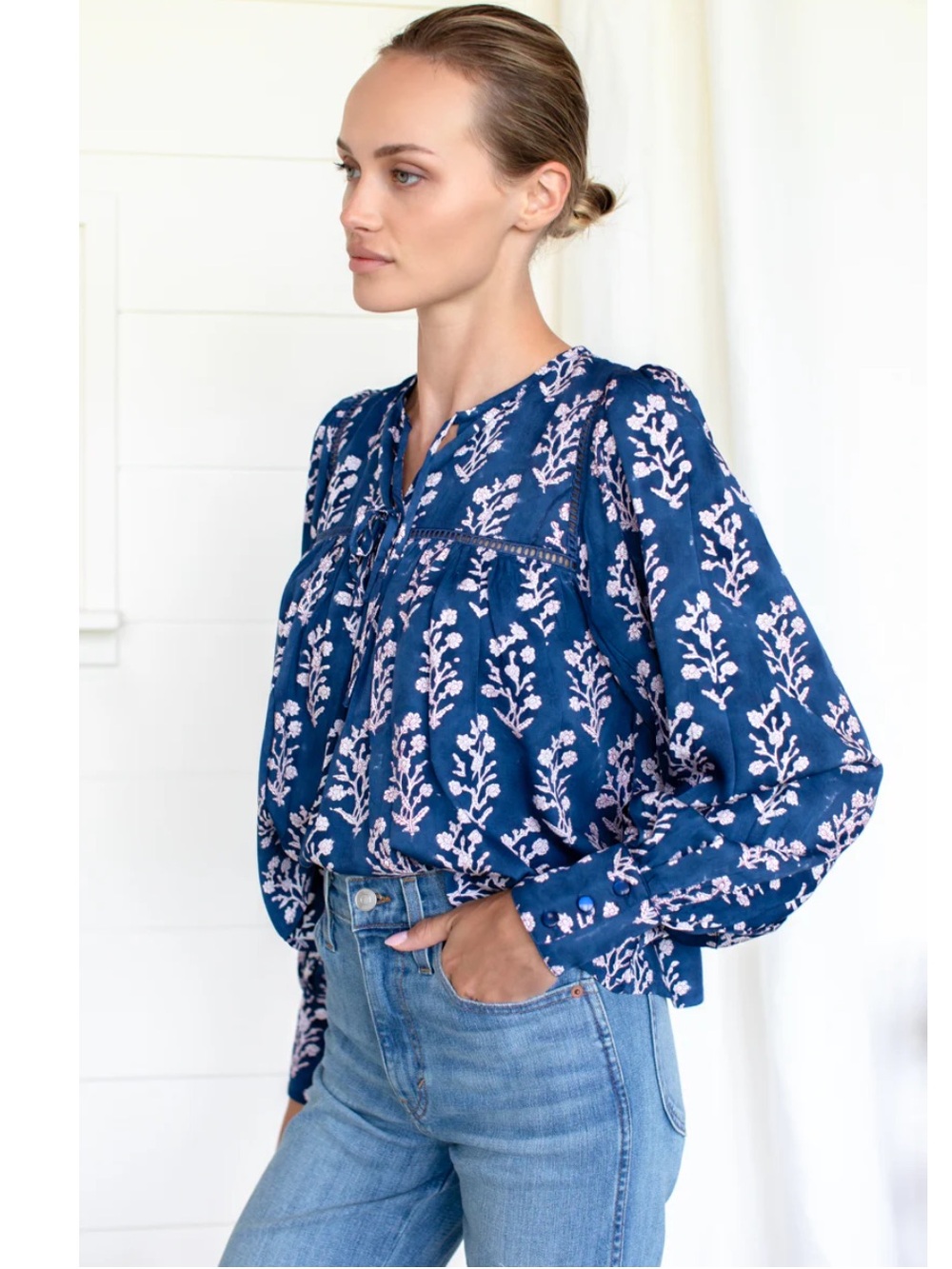Emerson Fry India Collection ISLA LONGSLEEVE TOP - PRESSED FLOWERS BLUE Small